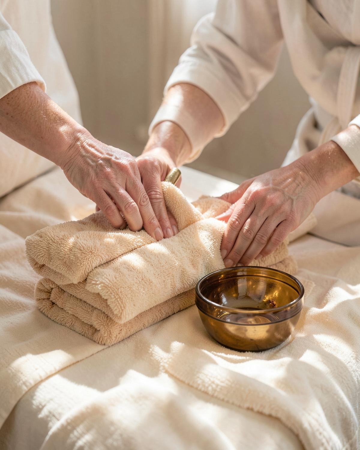 Towel, brush and natural products laid out before a treatment